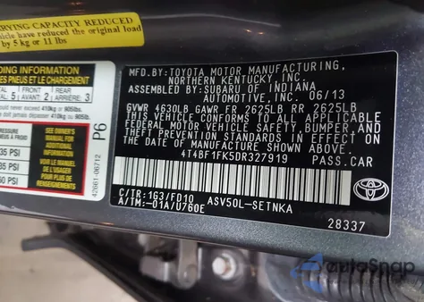 2013 Toyota Camry Le from USA, damaged, VIN 4T4BF1FK5DR327919